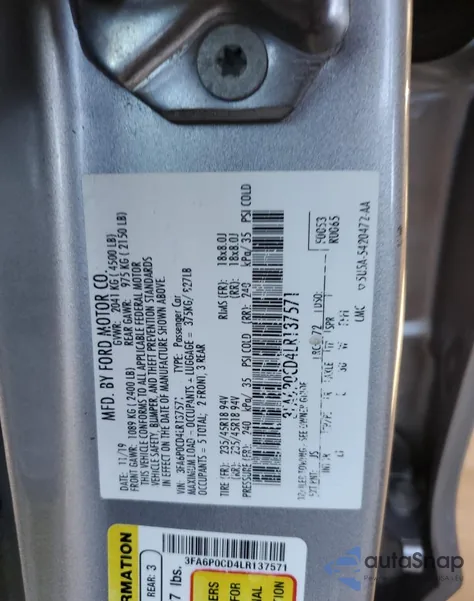 2020 Ford Fusion Sel z USA, uszkodzony, nr VIN 3FA6P0CD4LR137571